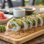 Platter of salmon avocado rolls with garnishes on a bamboo board