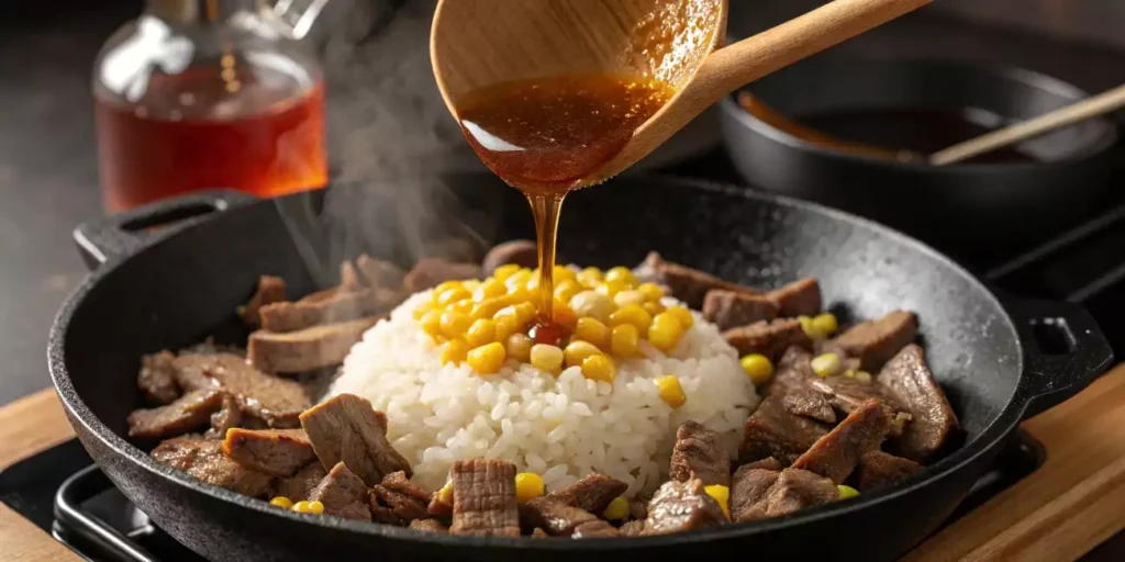 Cooking Pepper Lunch in a cast iron skillet