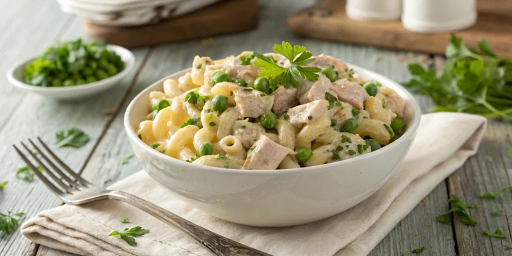 Creamy tuna macaroni salad served in a rustic bowl