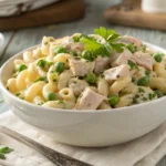 Creamy tuna macaroni salad served in a rustic bowl