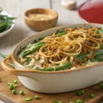 Baked vegan green bean casserole with crispy onions in a ceramic dish