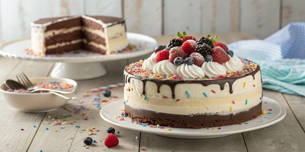 Layered ice cream cake with sprinkles and fresh berries"