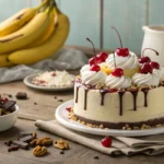 A classic banana split cake with cherries and whipped cream.