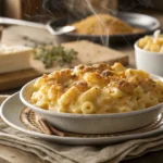 Chick Fil A mac and cheese served with a golden crust in a rustic kitchen setting.
