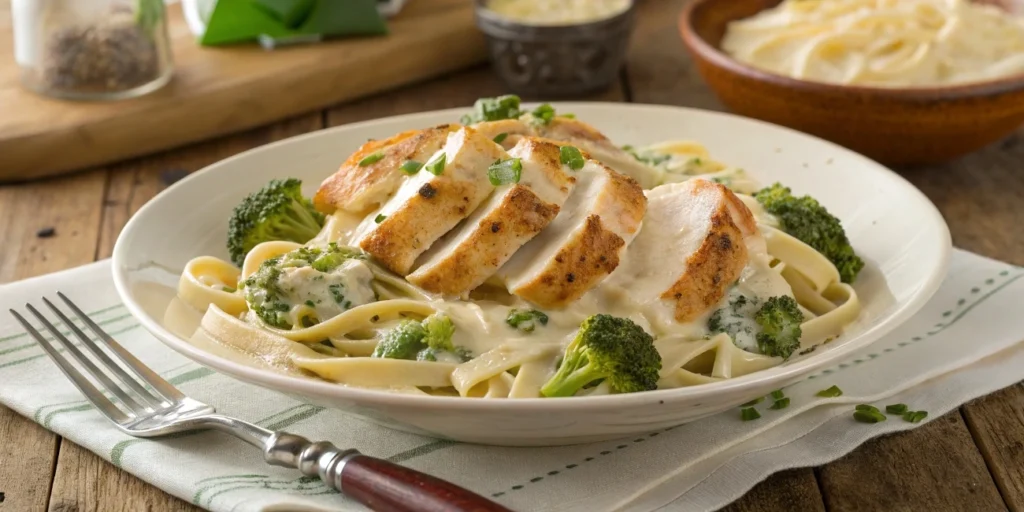 Chicken and broccoli fettuccine Alfredo plated with creamy sauce