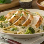 Chicken and broccoli fettuccine Alfredo plated with creamy sauce