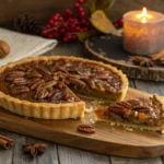 A beautifully styled pecan pie on a rustic wooden table, with a golden-brown crust, glistening pecan topping, and a slice taken out to reveal the rich, gooey filling. Surrounding the pie are festive autumn decorations like fall leaves, cinnamon sticks, and a warm glowing candle."