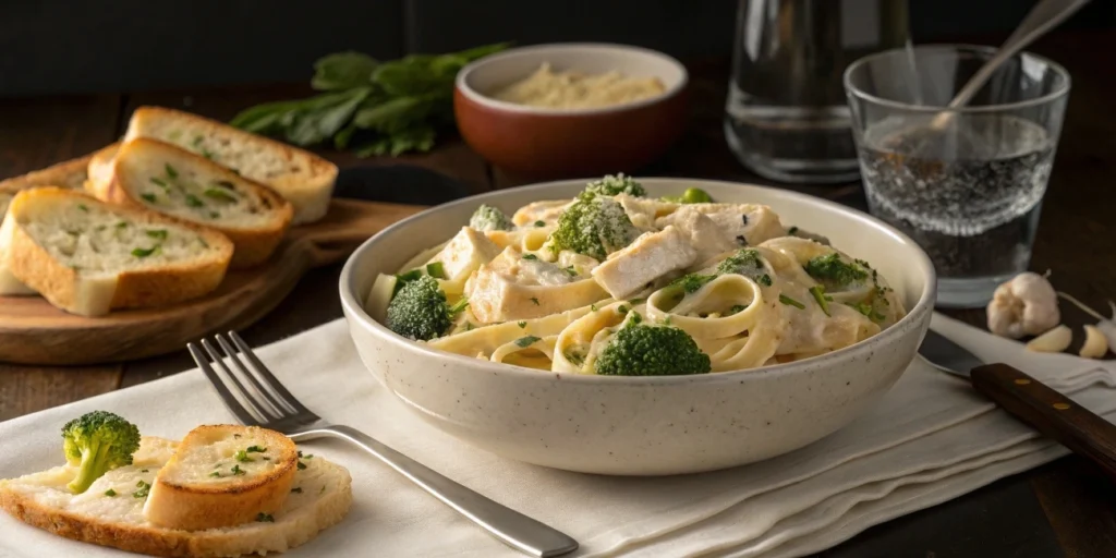 Dinner table featuring chicken and broccoli fettuccine Alfredo.