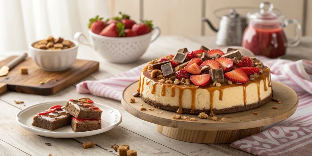 Decadent Snickers Strawberry Cheesecake on a Rustic Table