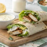A freshly made grilled chicken Caesar wrap on a wooden board