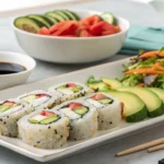 Plate of California rolls garnished with sesame seeds and soy sauce