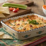 Bowl of Buffalo Chicken Dip with Chips and Veggies