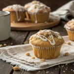 Freshly baked coffee cake muffins with crumb topping and glaze.