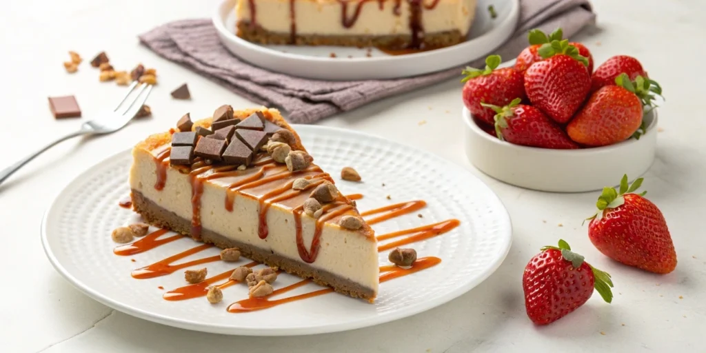 A Slice of Snickers Strawberry Cheesecake with Toppings