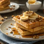 Stack of banana waffles with syrup and walnuts