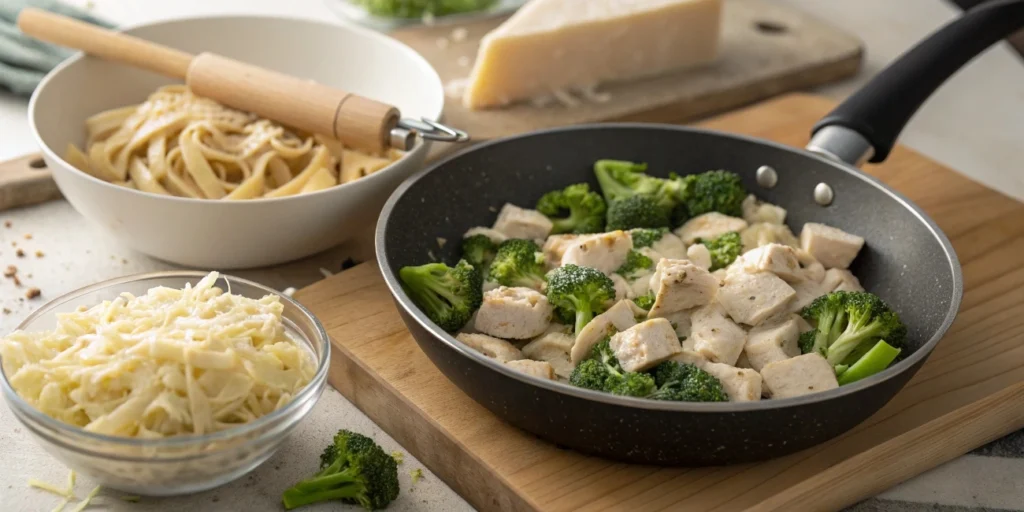 Cooking process for chicken and broccoli fettuccine Alfredo