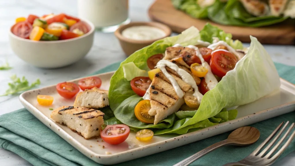 Grilled chicken Caesar wrap served in lettuce leaves