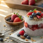 Creamy chia pudding in a jar with fresh fruits and granola