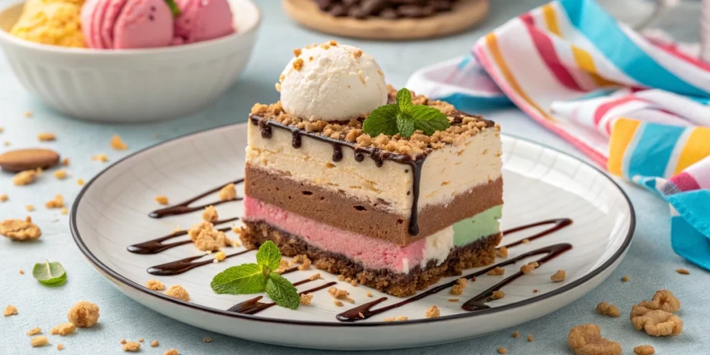 Slice of layered ice cream cake with garnishes