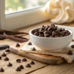 Carob chips in a white bowl on a rustic table surrounded by carob pods.