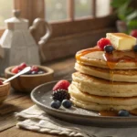 Stack of fluffy golden hotcakes with butter and syrup