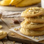 Stack of banana pudding cookies topped with crushed wafers and banana slices