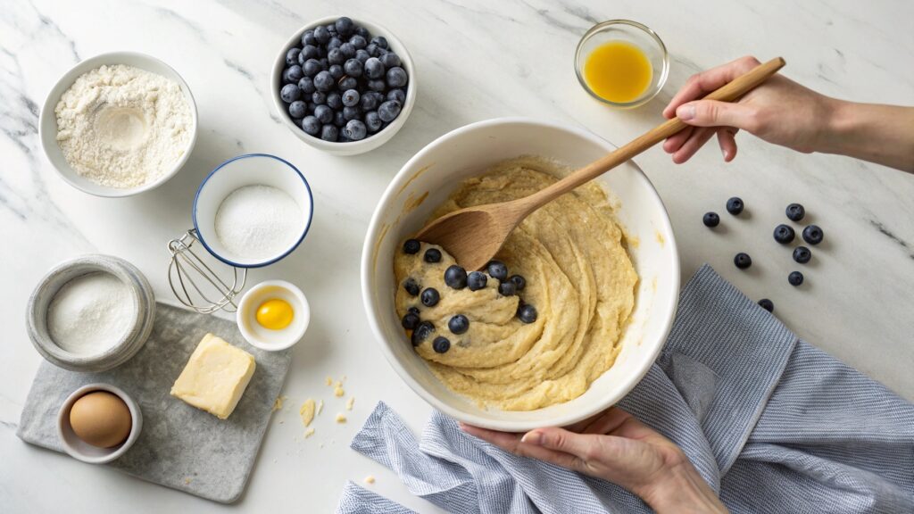 Blueberry muffin batter in white bowl wooden spoon mixing lumpy texture blueberries ingredients counter beginner baking tutorial
