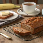 A sliced loaf of 3 or 4 ingredient banana bread with oil on a rustic table