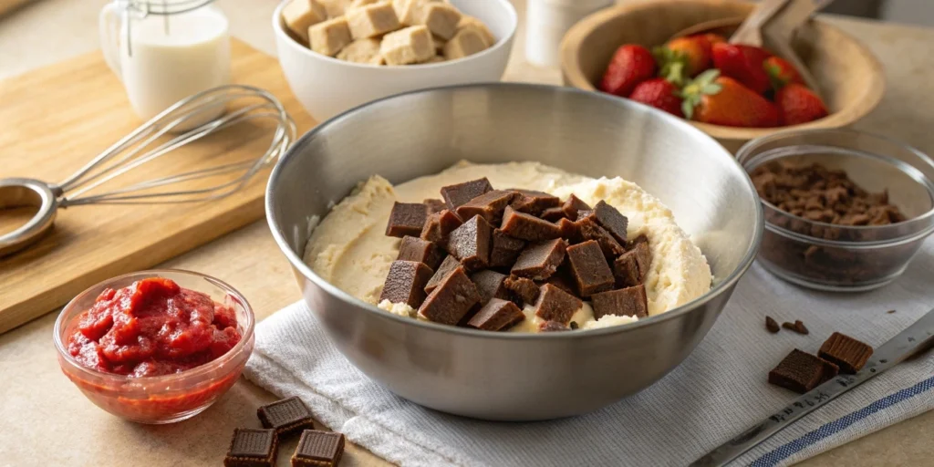 Preparing Snickers Strawberry Cheesecake Filling