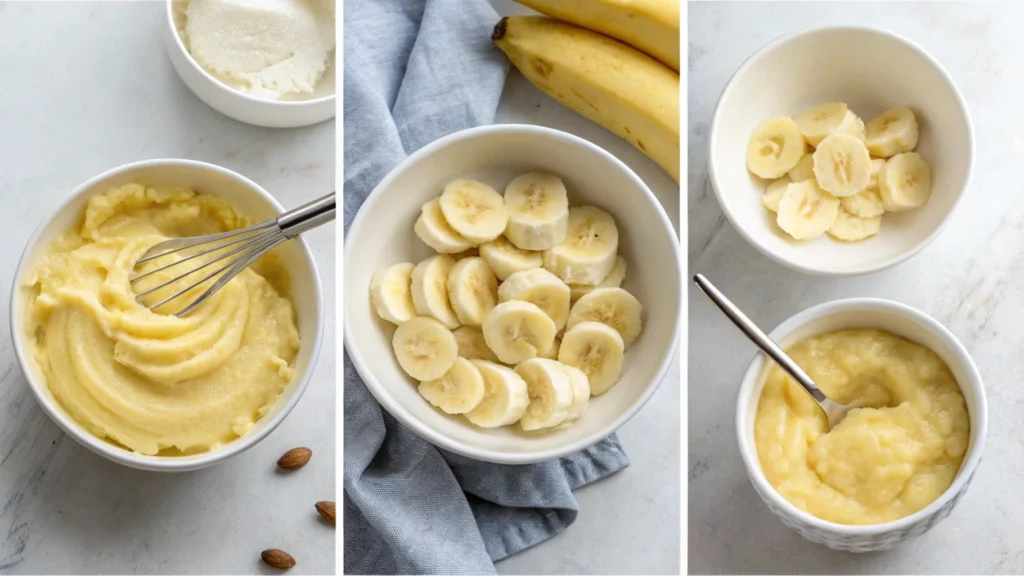 Mixing bowl with ripe bananas mashed with a fork.