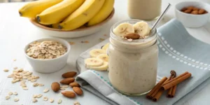 A banana almond milk smoothie in a glass jar with toppings