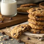 Freshly baked banana oat chocolate chip cookies on a wooden table