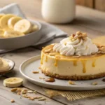 A whole banana pudding cheesecake topped with whipped cream and caramel drizzle