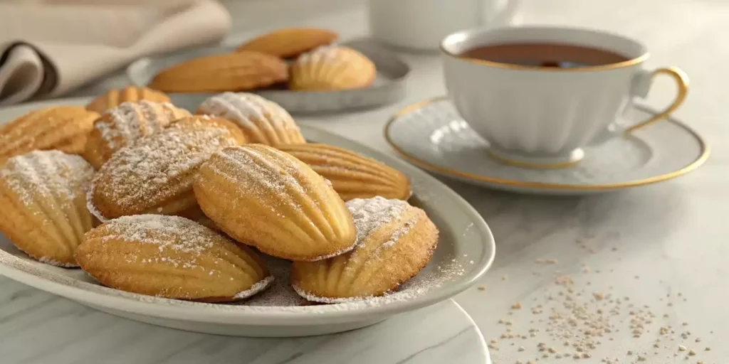 Freshly baked madeleine cookies with powdered sugar