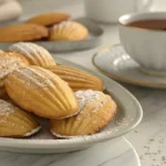 Freshly baked madeleine cookies with powdered sugar