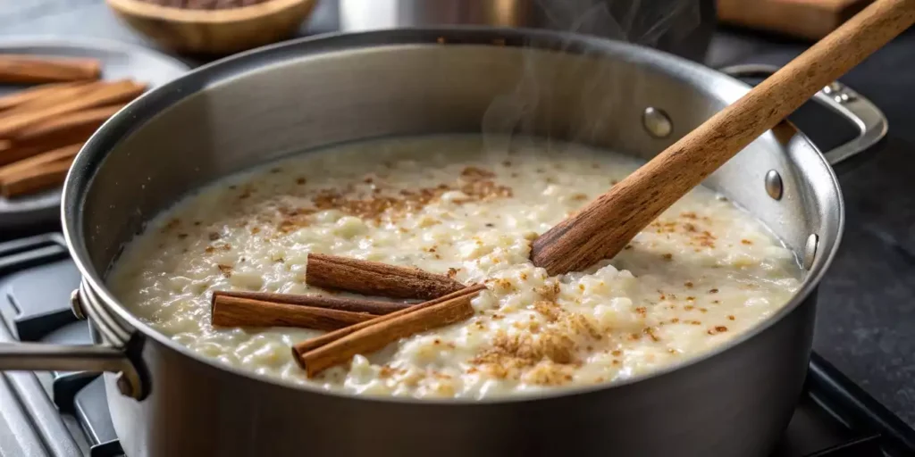 A pot of arroz con leche cooking with cinnamon sticks and milk