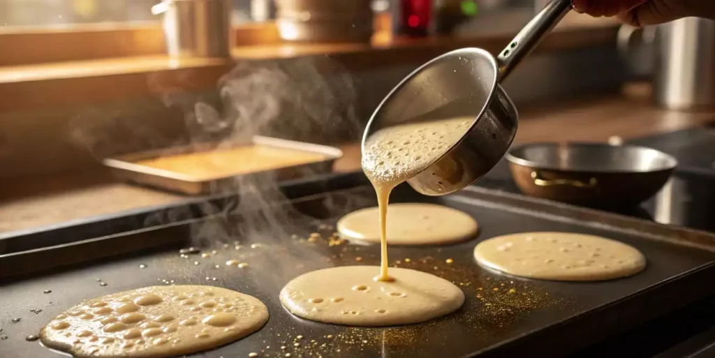 Pancake batter cooking on a hot griddle