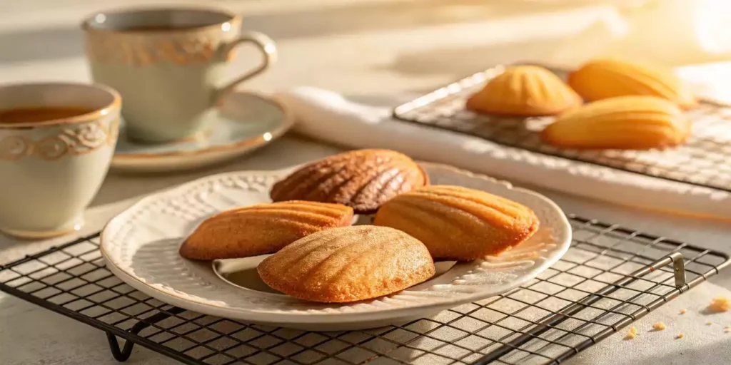 Freshly baked madeleine cookies cooling on a rack
