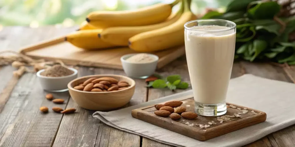 Glass of banana almond milk with fresh bananas and almonds