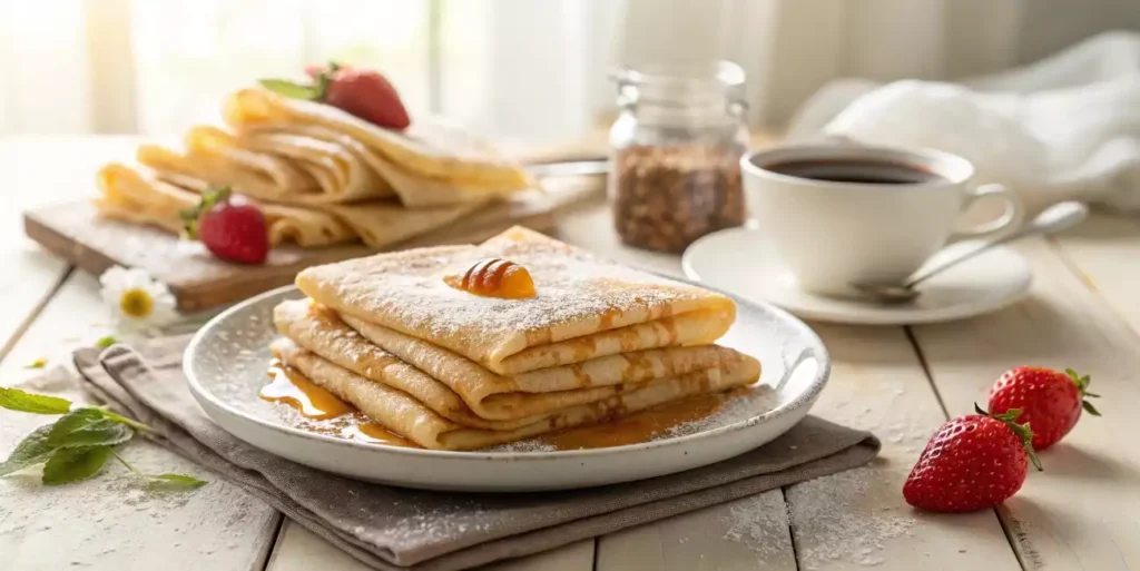 Golden-brown easy French crepes with honey and strawberries