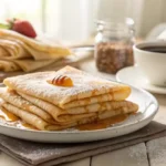 Golden-brown easy French crepes with honey and strawberries