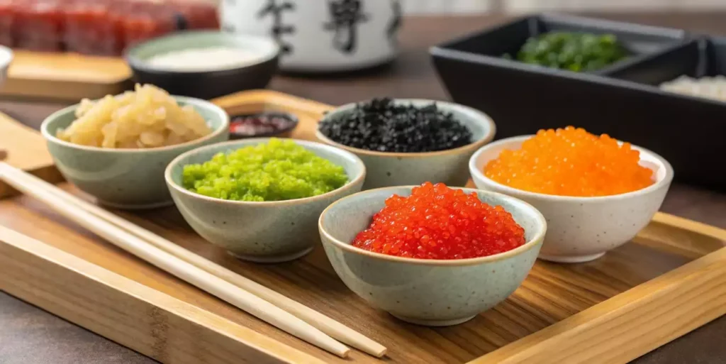 Assorted colorful tobiko in small ceramic bowls