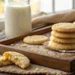 Freshly baked 3 ingredient sugar cookies on a wooden tray