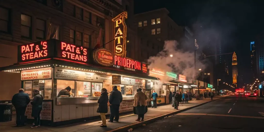 Pat’s and Geno’s Steaks in Philadelphia at night