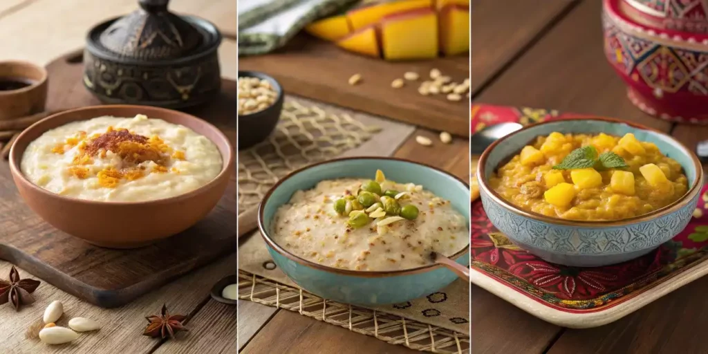 Various international versions of rice pudding, including Mexican, Spanish, Indian, and Thai.