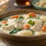 A steaming bowl of creamy chicken gnocchi soup with parsley