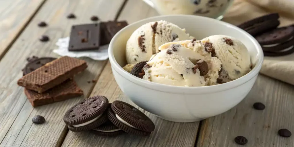 Bowl of creamy cookies and cream ice cream with cookie chunks.