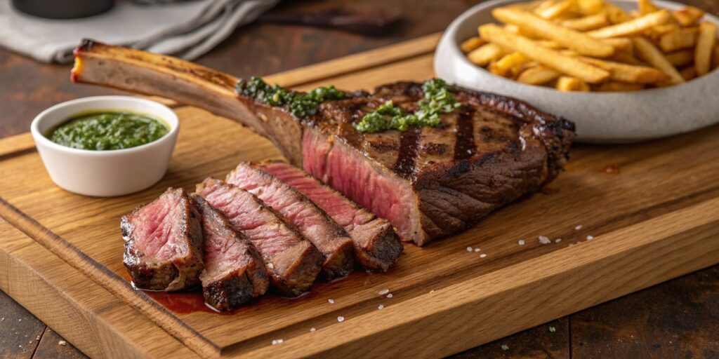 Sliced tomahawk steak on a wooden cutting board with chimichurri