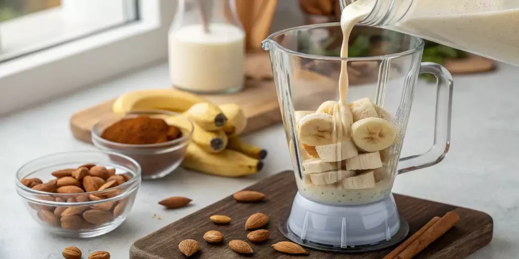 Blender with bananas and almond milk being poured