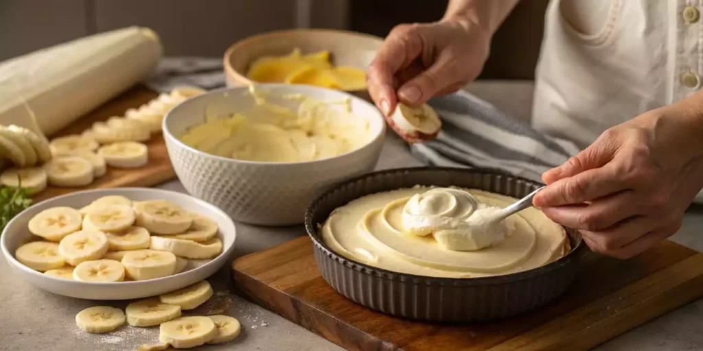 Step-by-step banana pudding cheesecake preparation with ingredients and mixing bowls